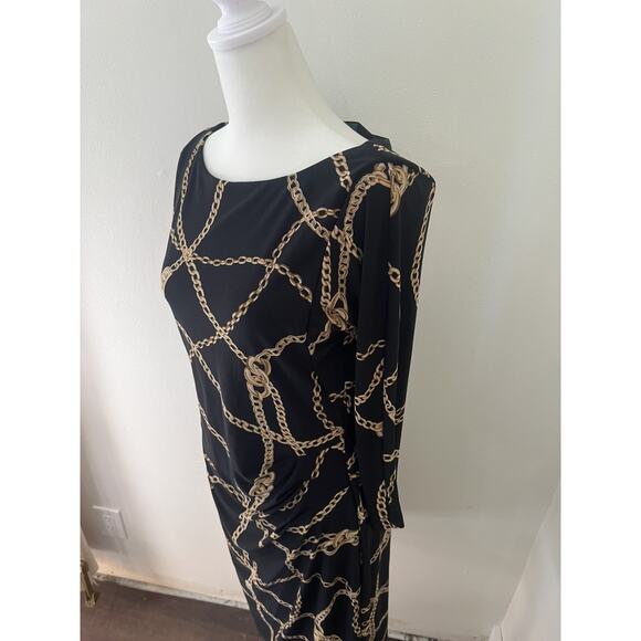 L AUREN RALPH LAUREN Black Gold Chain Link Jersey Dress Boat Neck bodycon sz 10 - Picture 4 of 11